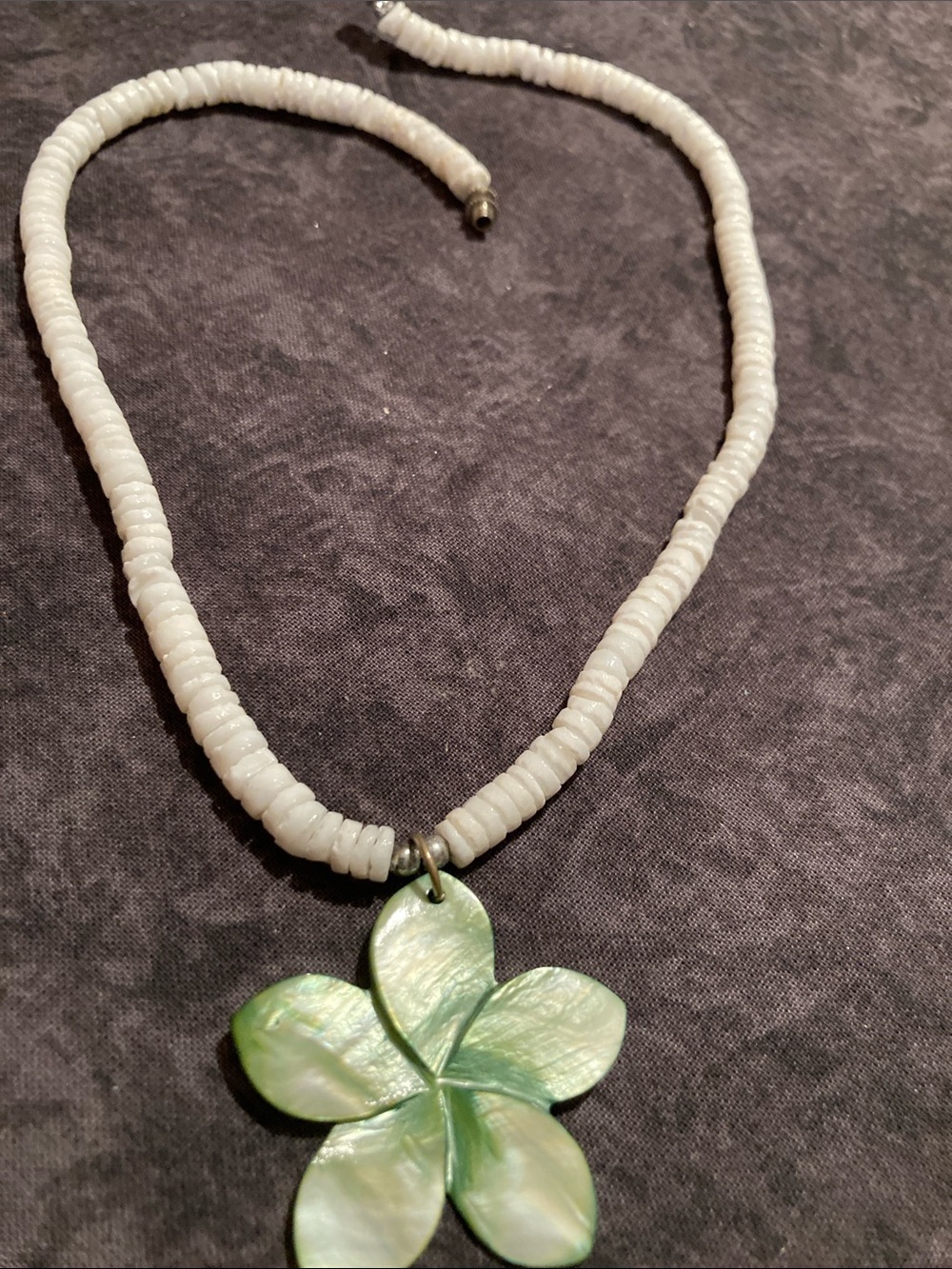 Handmade Boho White Bead Necklace with Green Shell Flower Pendant